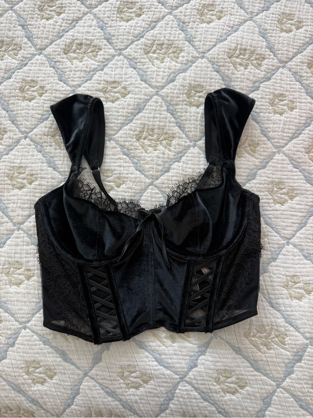 Victoria's Secret Black Velvet Lace-Trim Longline Bustier Bra